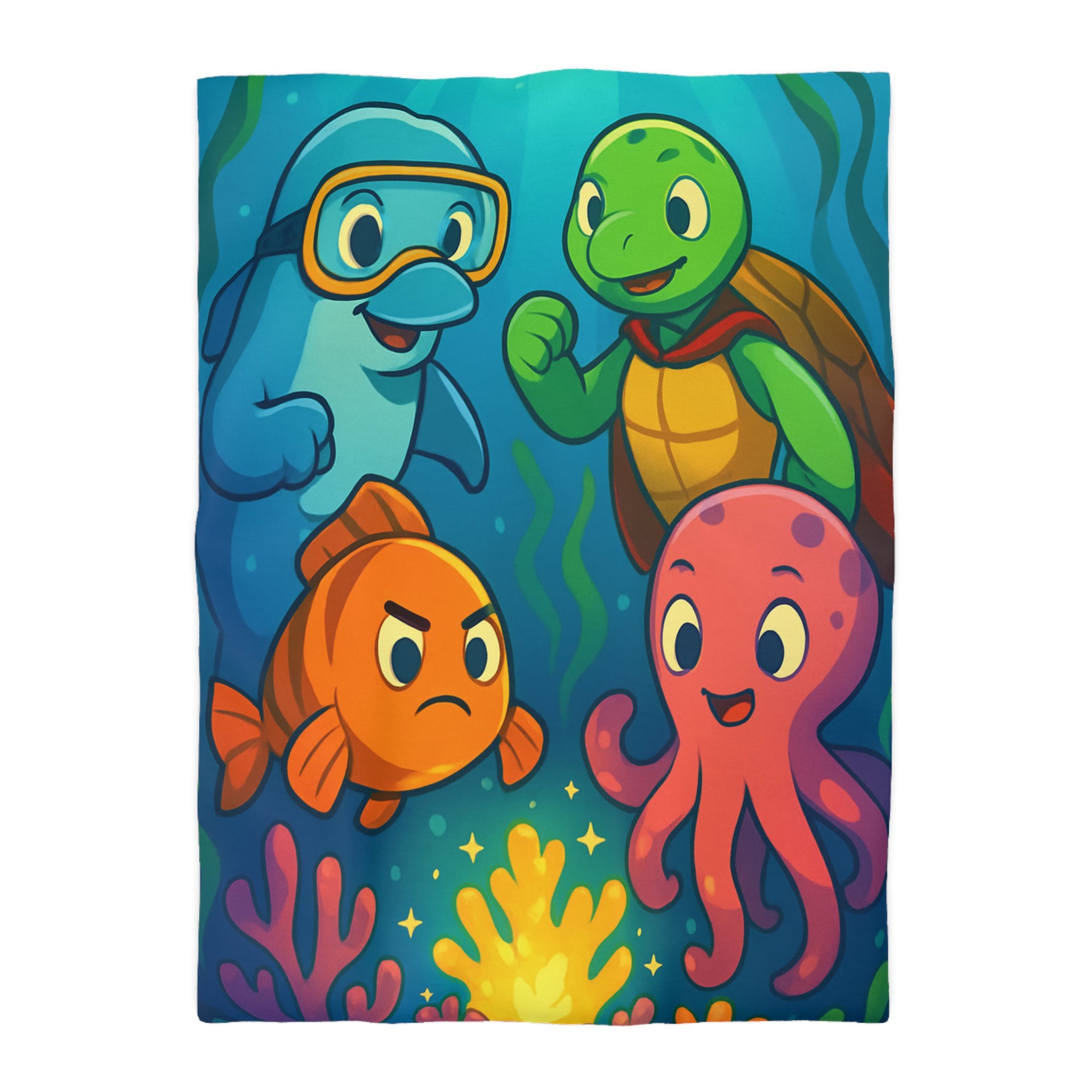Housse de couette océan joyeux avec dauphin, tortue, poisson et pieuvre colorée