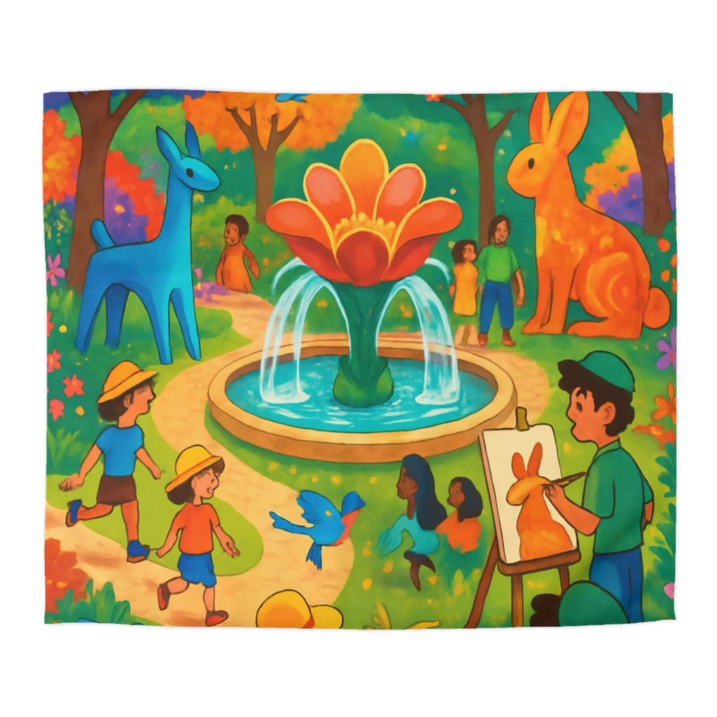 Housse de couette colorée avec animaux fantastiques, enfants et fontaine au parc artistique
