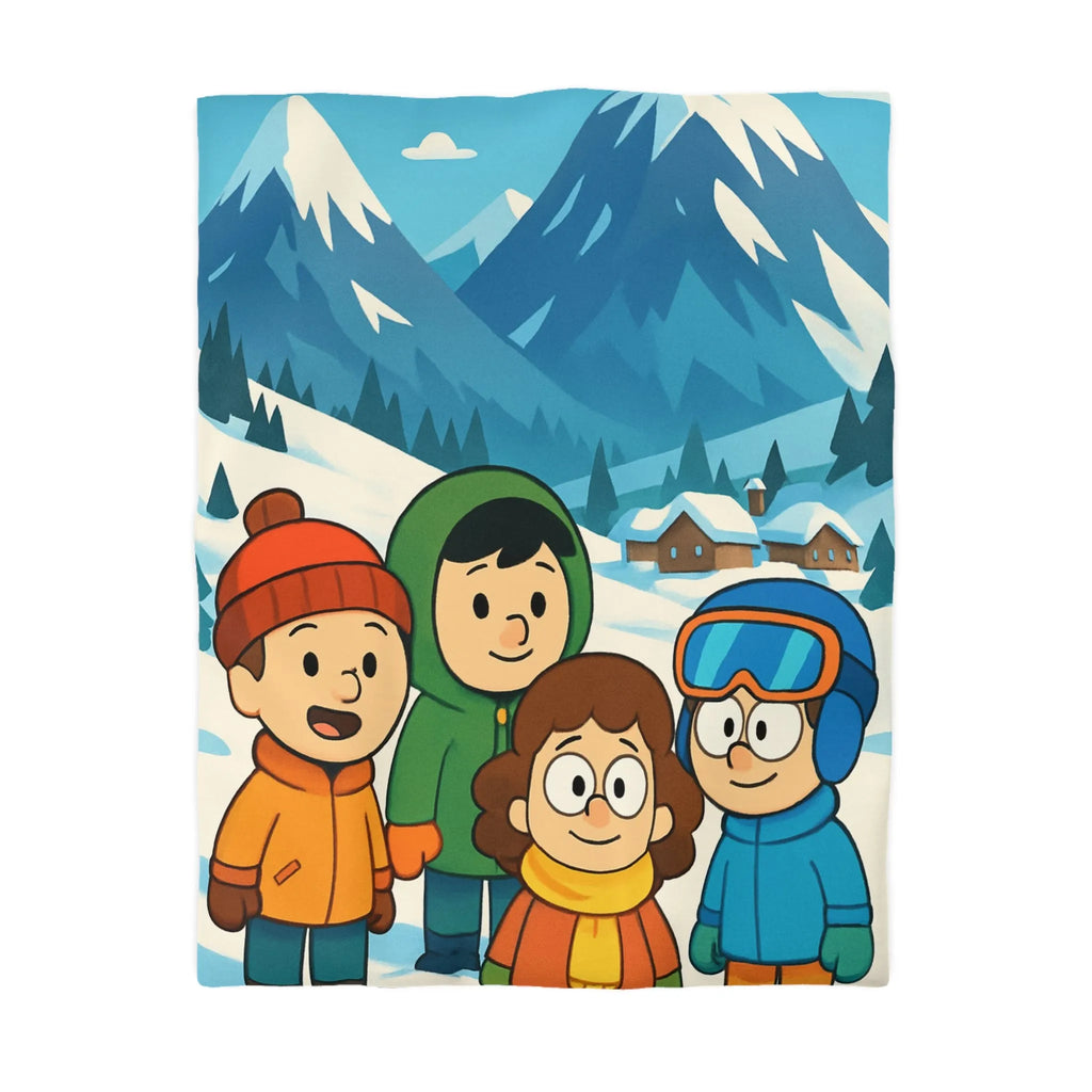 Housse de couette avec enfants joyeux et montagnes enneigées pour chambre d'enfant