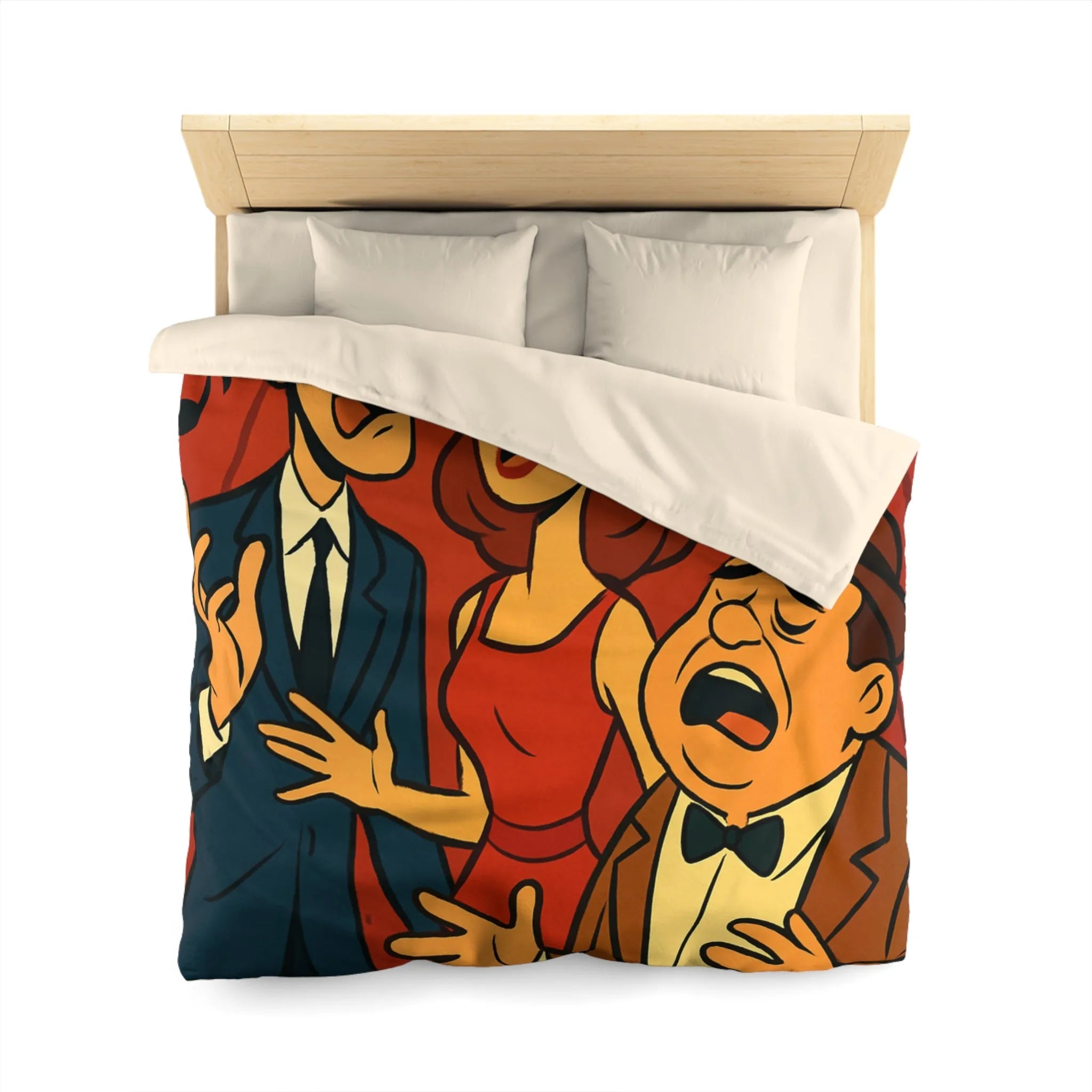 Ensemble vocal vintage animé exubérant, scène musicale rétro avec fond rouge et notes