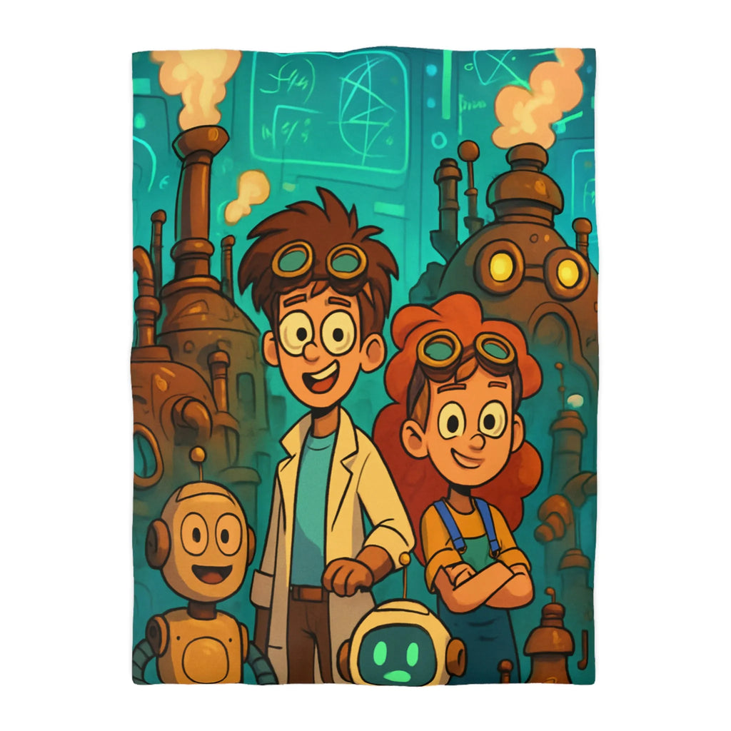 Exploration robotique en atelier steampunk coloré avec jeunes inventeurs et machines futuristes