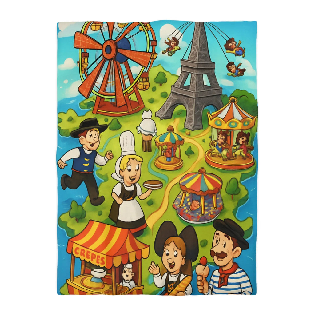 Housse de couette illustrant l'amusement et la culture française dans un parc coloré