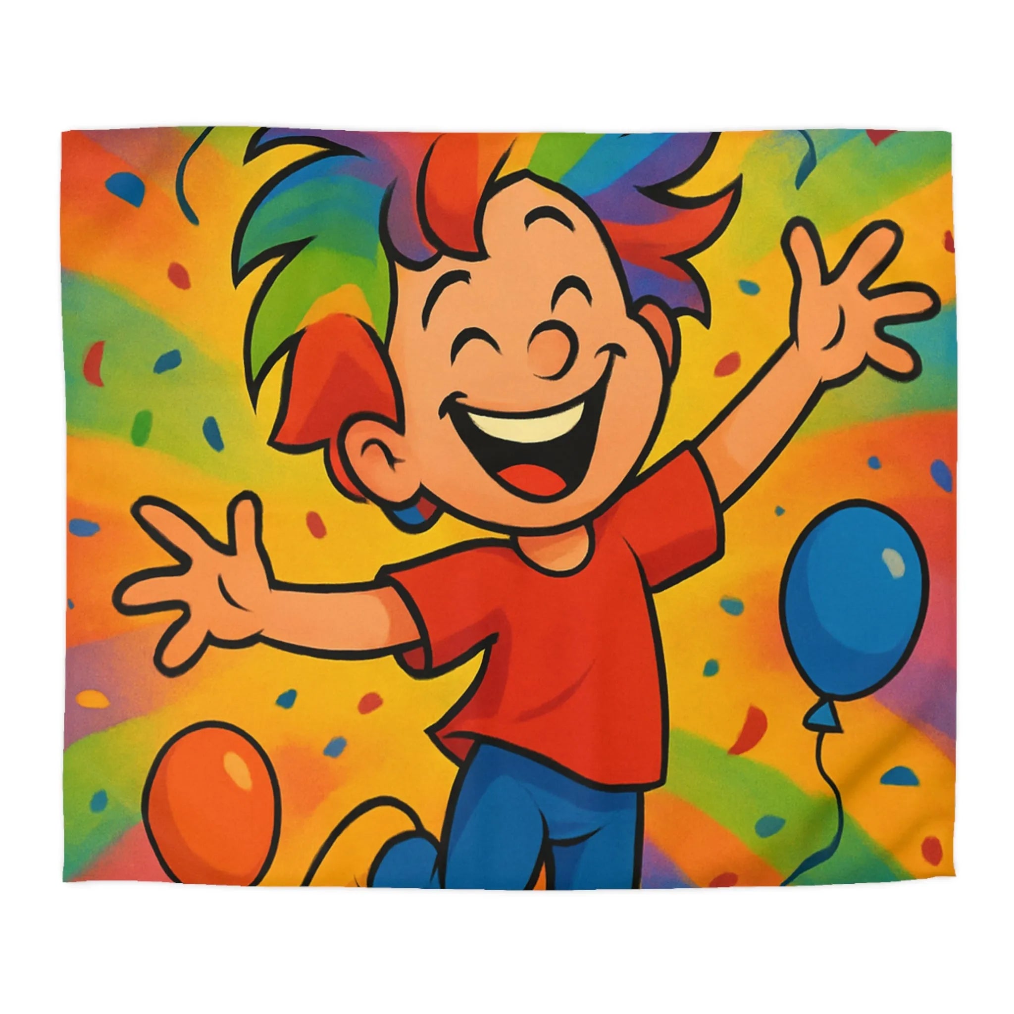 Housse de couette colorée avec enfant joyeux et ballons arc-en-ciel, ambiance festive