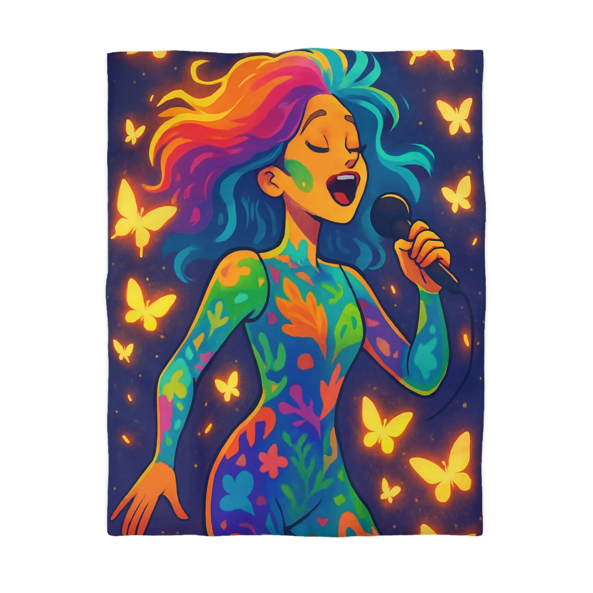 Housse de Couette Colorée : Artiste Chantant Entourée de Papillons Lumineux et Vibrants