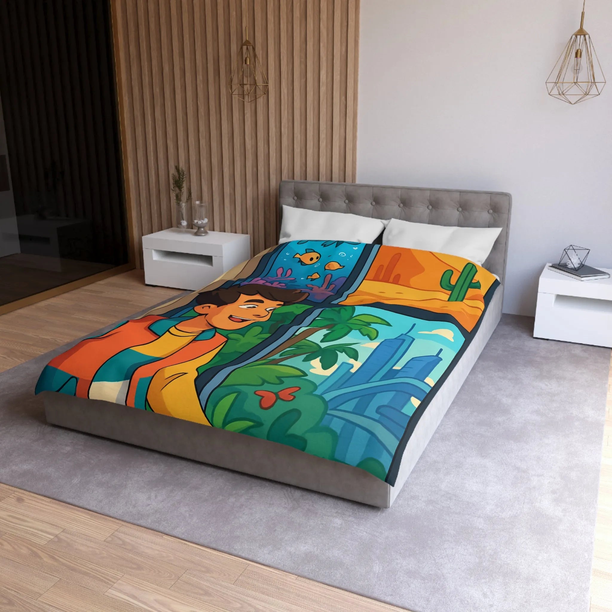 Housse de couette colorée avec paysage marin, désertique et urbain pour chambre d'enfant