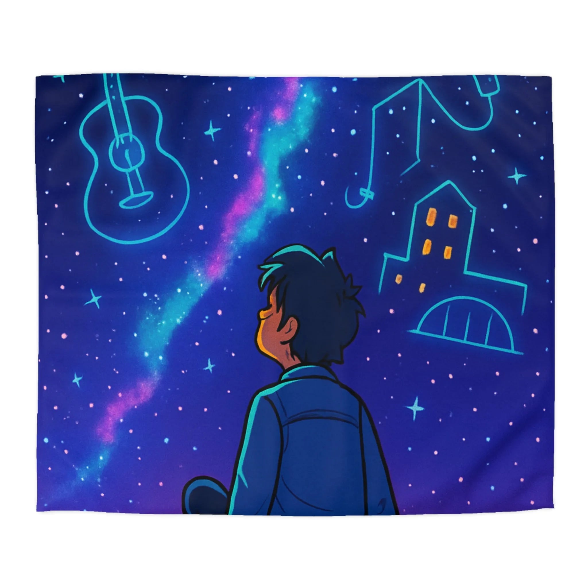 Housse de couette ciel étoilé avec rêveur contemplant silhouettes de musique et ville