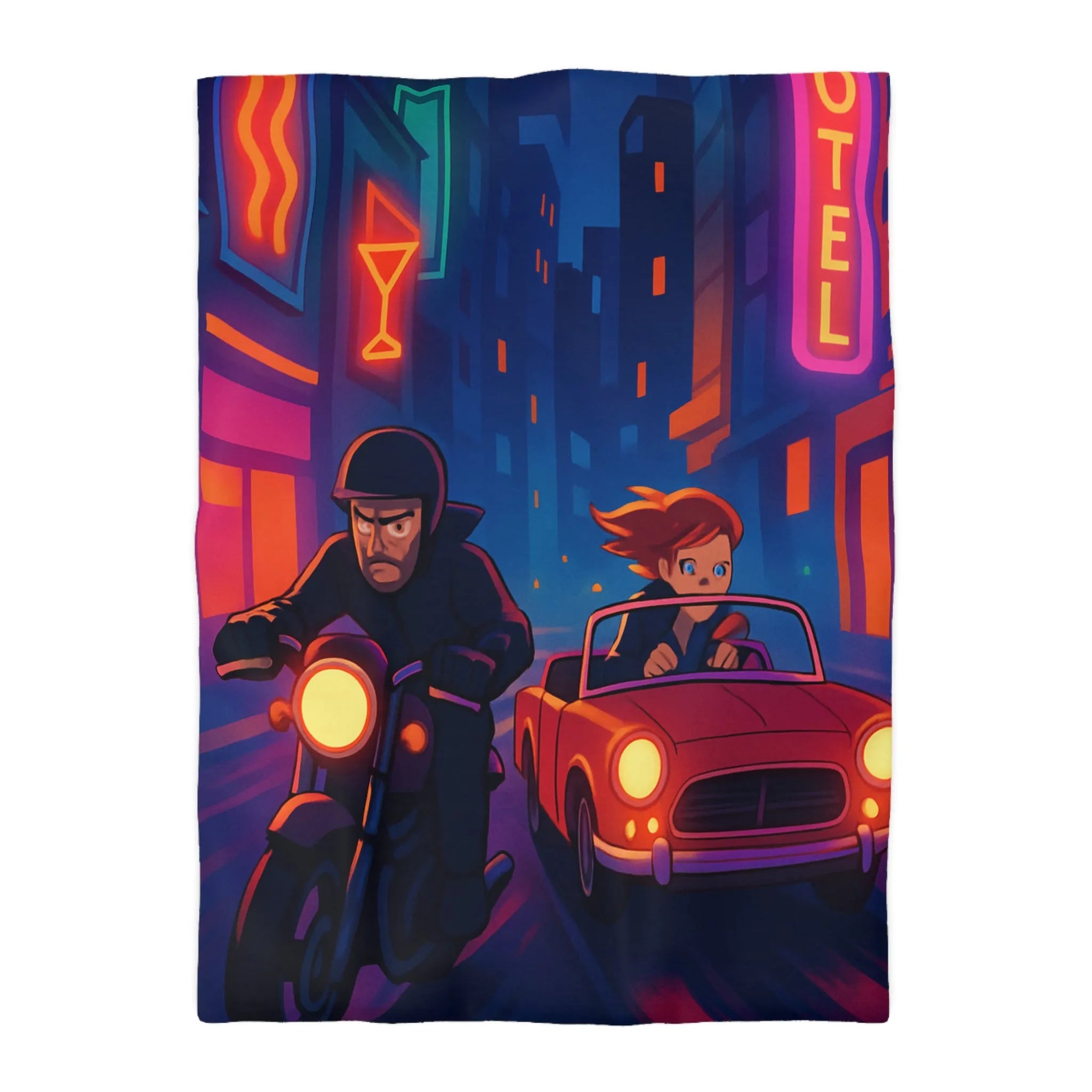 Housse de couette illustrant une scène urbaine nocturne animée avec moto et voiture