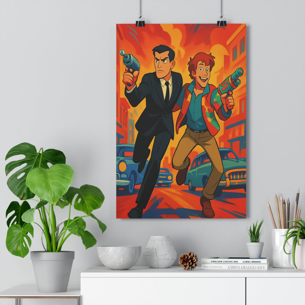 Poster décoratif dynamique rouge orange aventure moderne salon chambre action art rue élégance contrastes