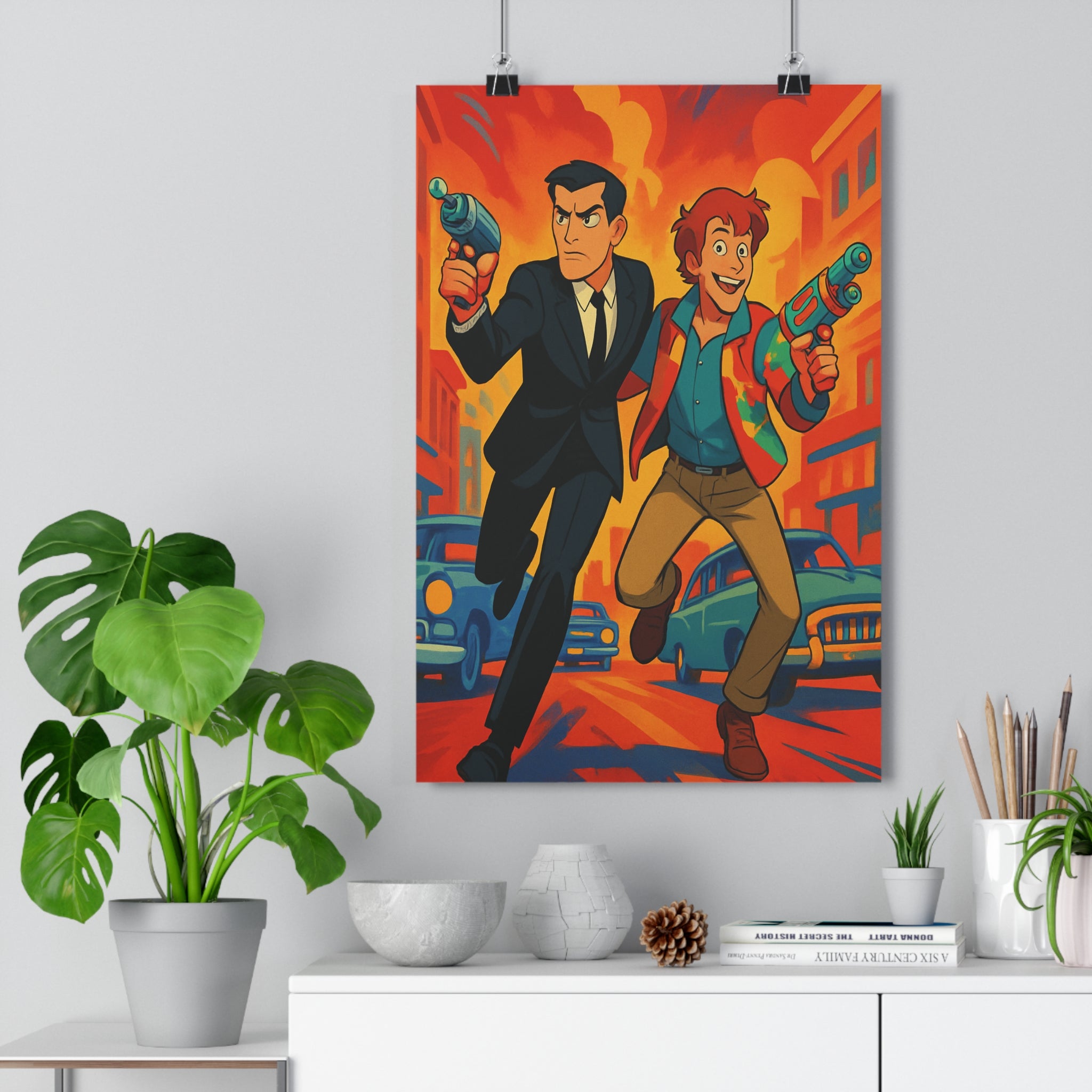 Poster décoratif dynamique rouge orange aventure moderne salon chambre action art rue élégance contrastes