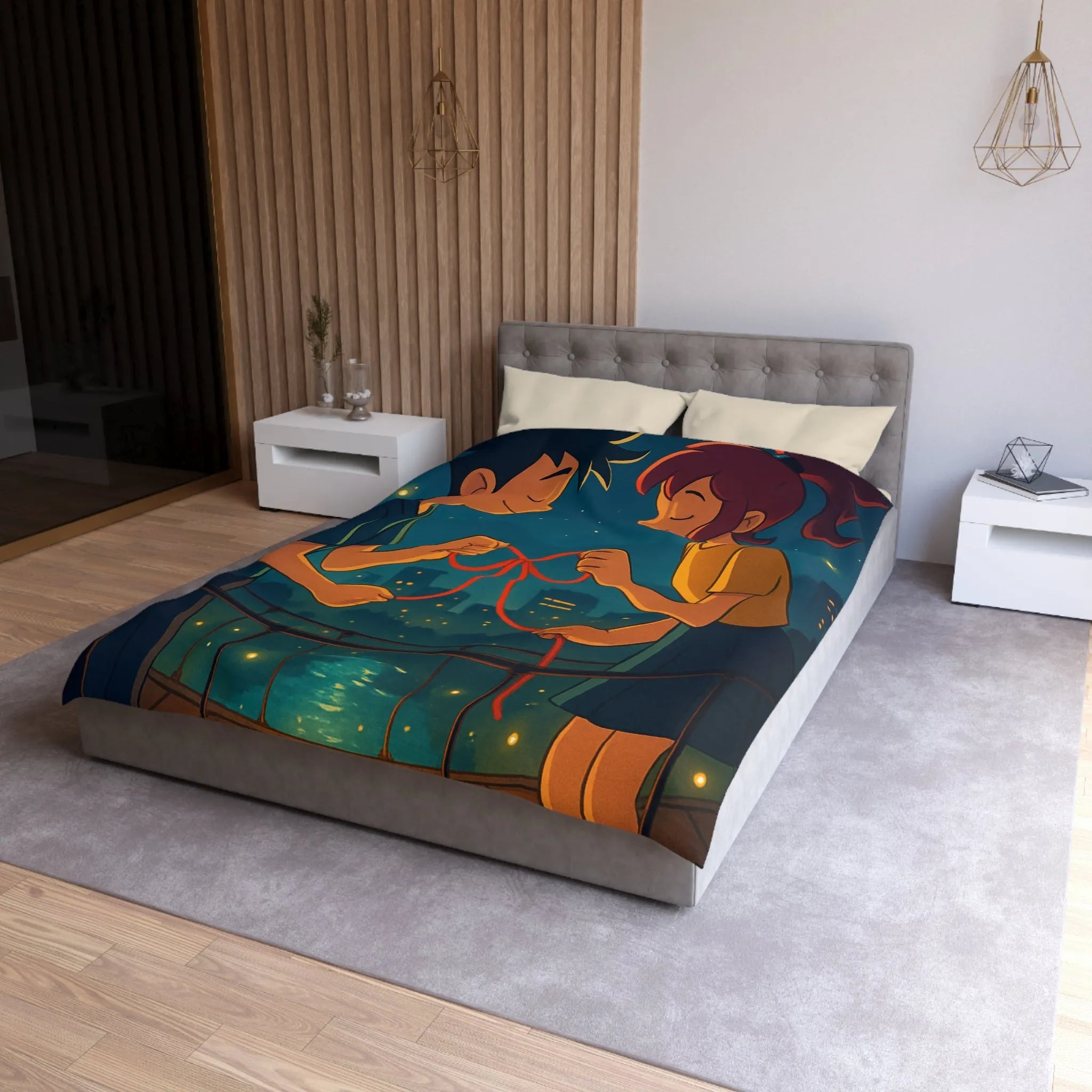 Housse de couette animée couple amoureux sur pont au-dessus d'une ville étoilée