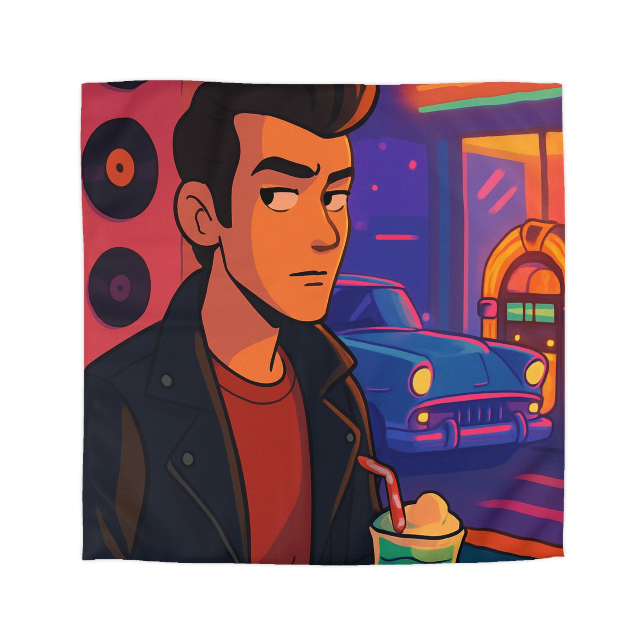 Housse de couette rétro avec voiture vintage et ambiance néon au style coloré