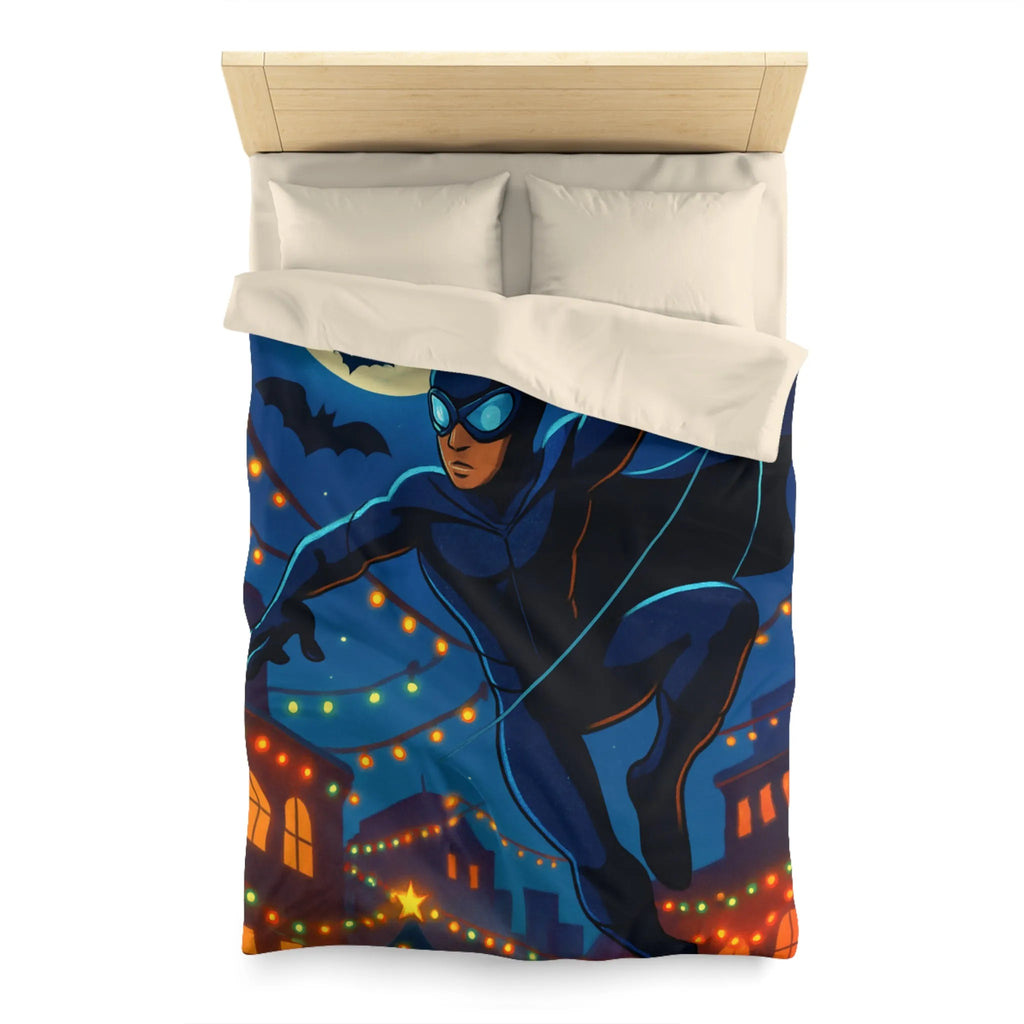 Housse de couette avec héros nocturne, ciel étoilé et décorations festives lumineuses