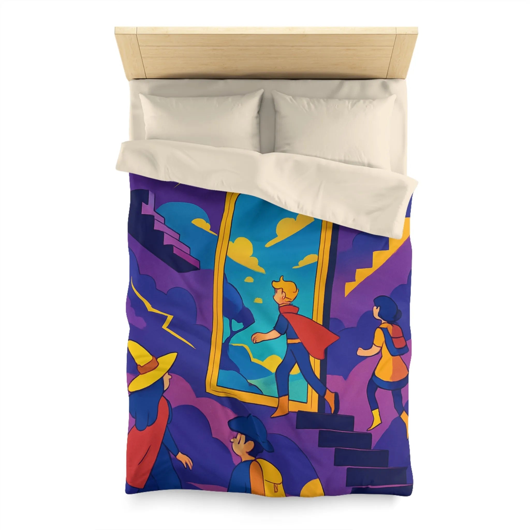 Housse de couette aventure magique avec personnages et miroir vers un monde fantastique