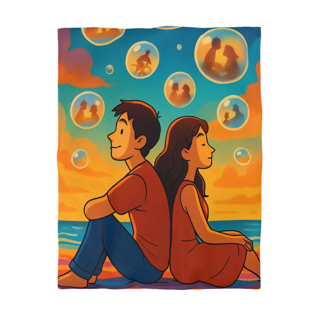 Housse de couette colorée avec illustration de bulles rêveuses au coucher de soleil