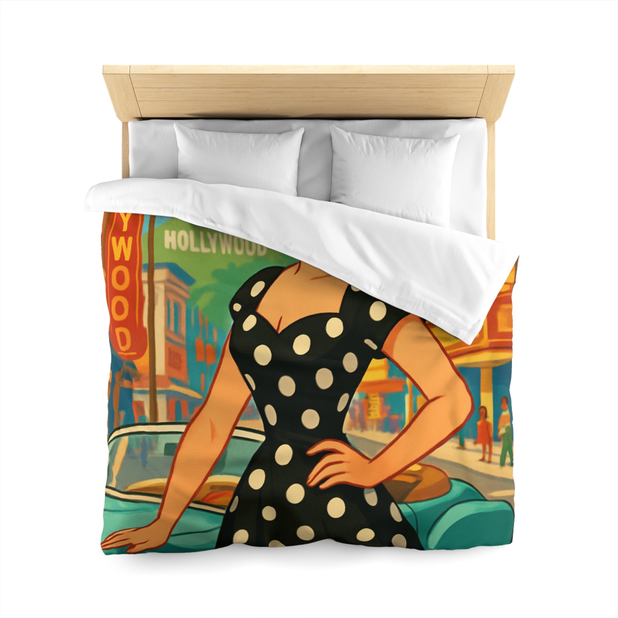 Housse de couette rétro Hollywood années 50 avec motifs de voitures vintage et palmiers