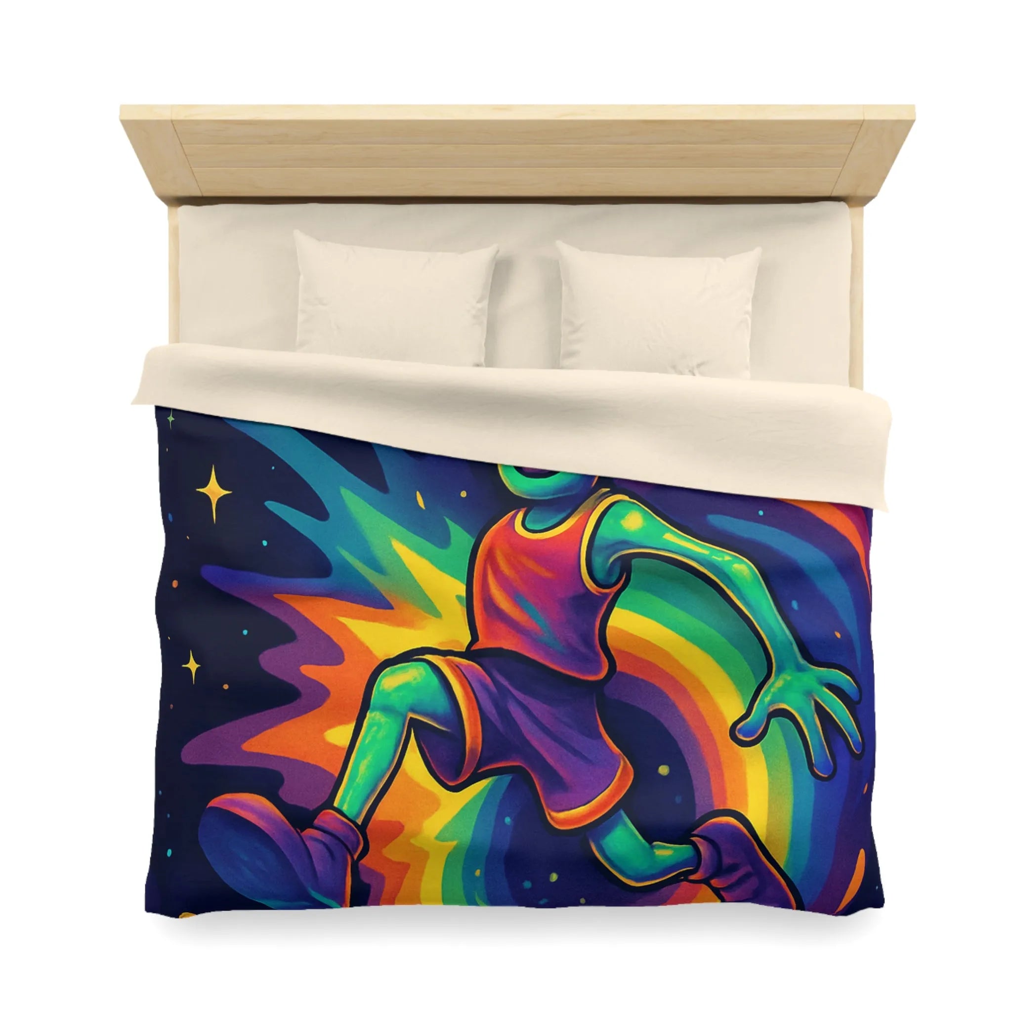 Housse de couette colorée avec alien jouant au basket dans l'espace intergalactique étoilé