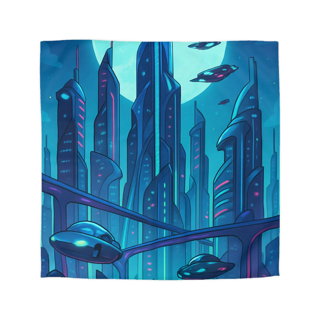 Housse de couette futuriste avec ville néon et vaisseaux spatiaux sous pleine lune