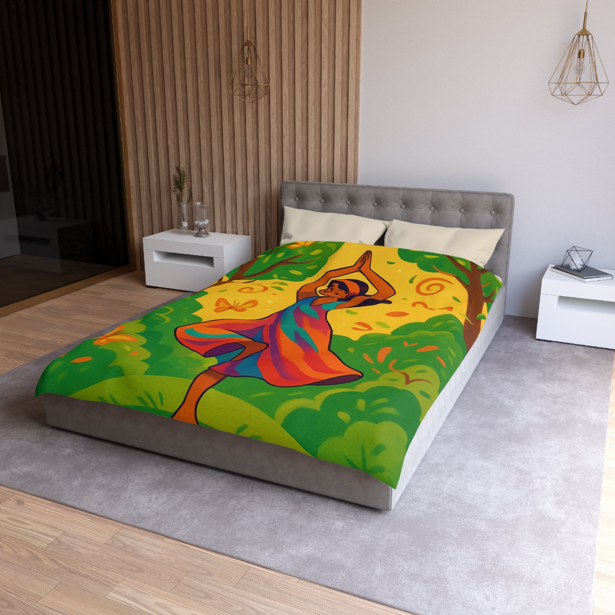 Housse de couette avec illustration apaisante d'une jeune femme méditant en nature
