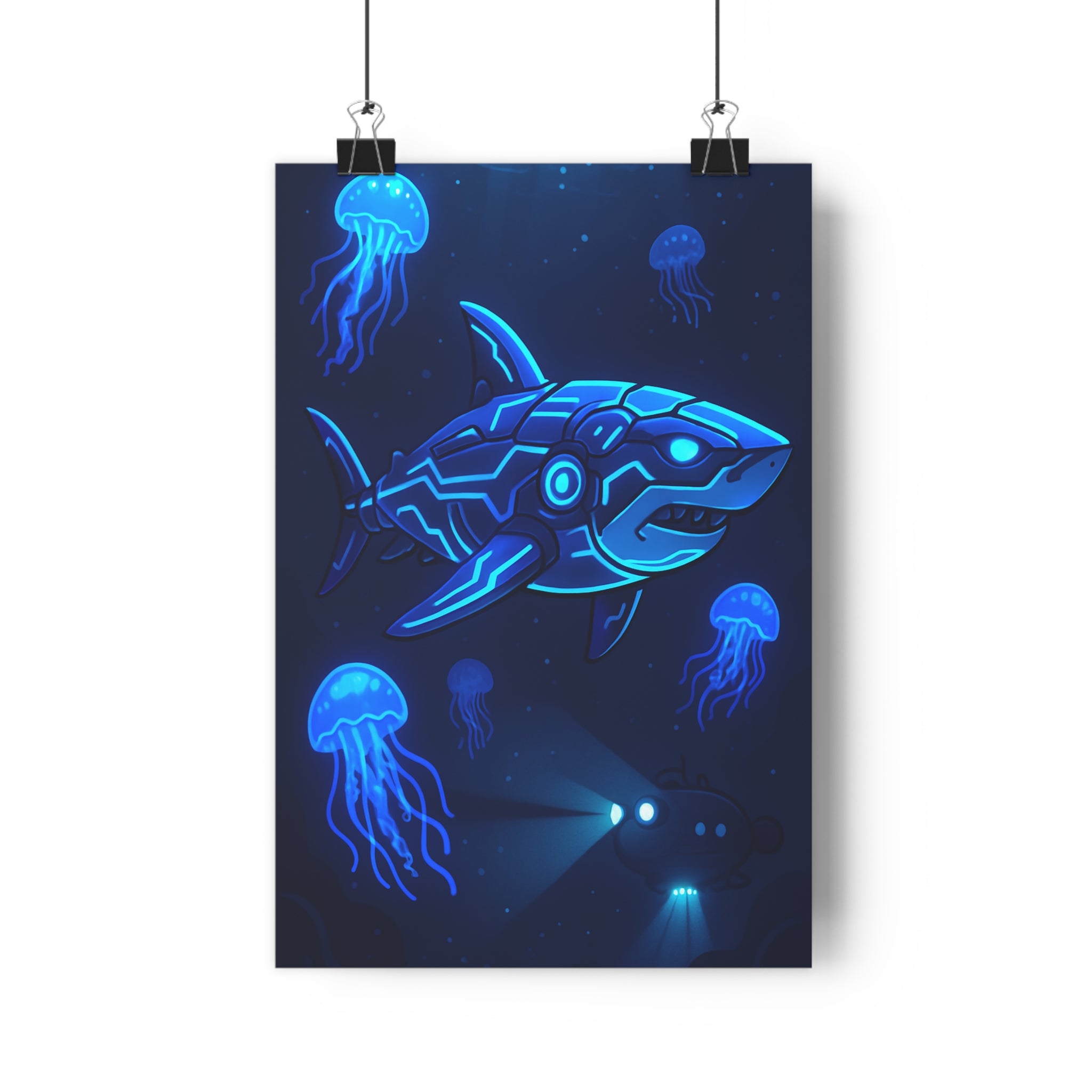 Poster décoratif moderne requin néon futuriste mystique bleu électrique salon chambre bureau océan design