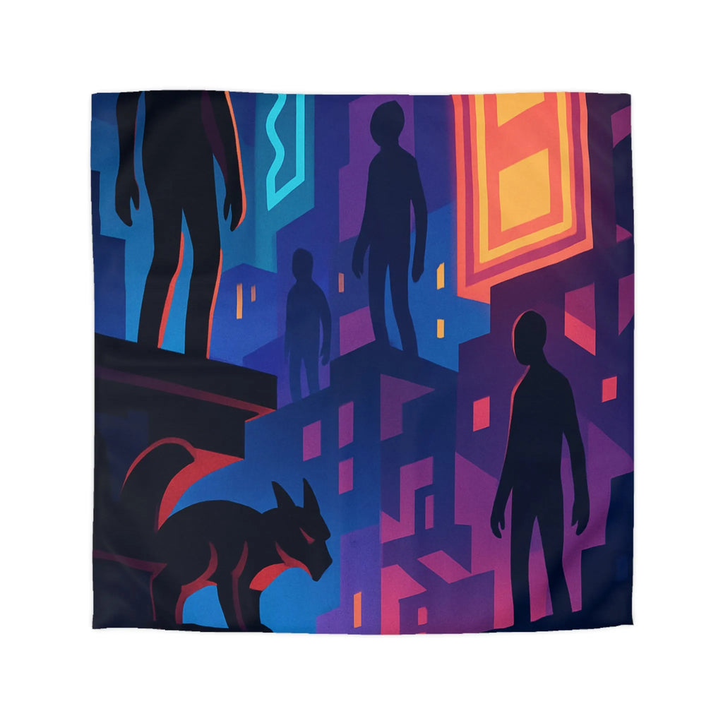 Housse de couette colorée avec silhouettes mystérieuses et ambiance urbaine nocturne captivante