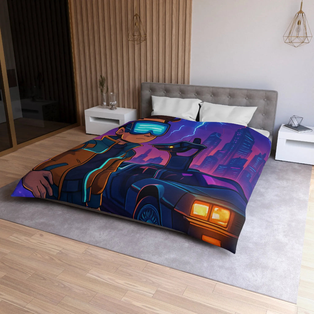 Housse de Couette Futuriste Style Rétro avec Éclair, Voiture et Jeune Garçon Aventureux