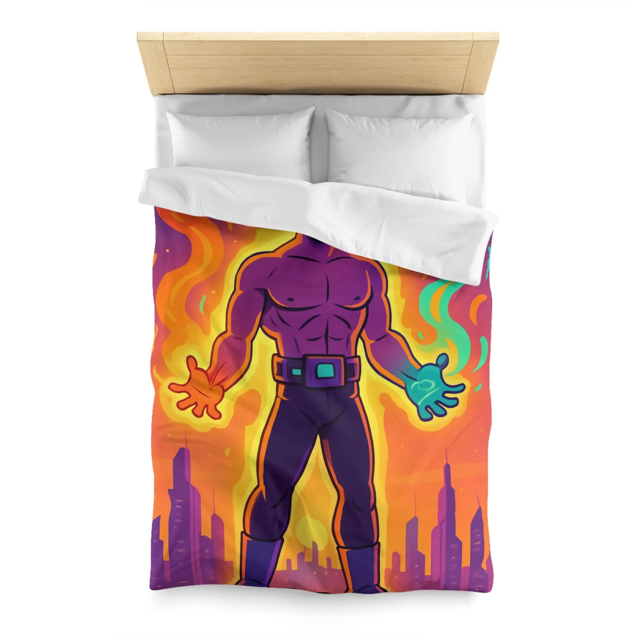 Housse de couette avec héros des éléments enflammés et lumineux sur fond de ville