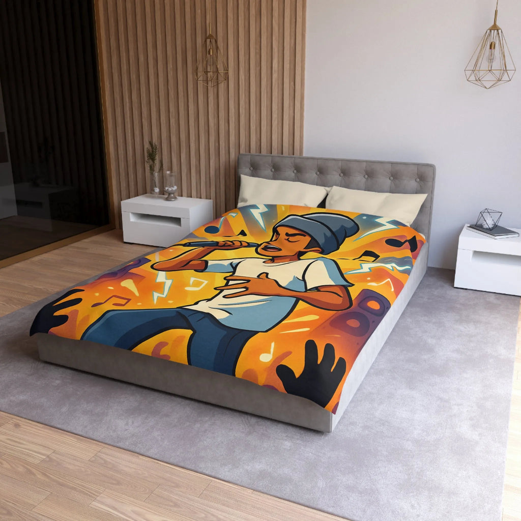 Housse de couette ambiance concert urbain avec chanteur et éclairs musicaux colorés