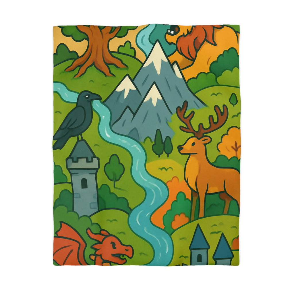 Housse de couette colorée avec motifs de nature, animaux et châteaux fantastiques magiques
