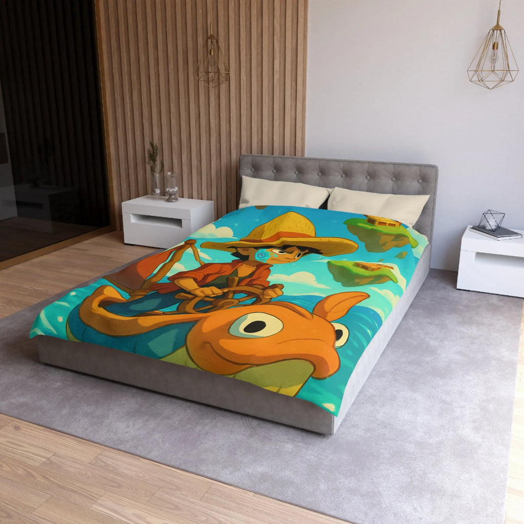 Housse de couette embarcation colorée sur océan turquoise avec îles flottantes et trésors