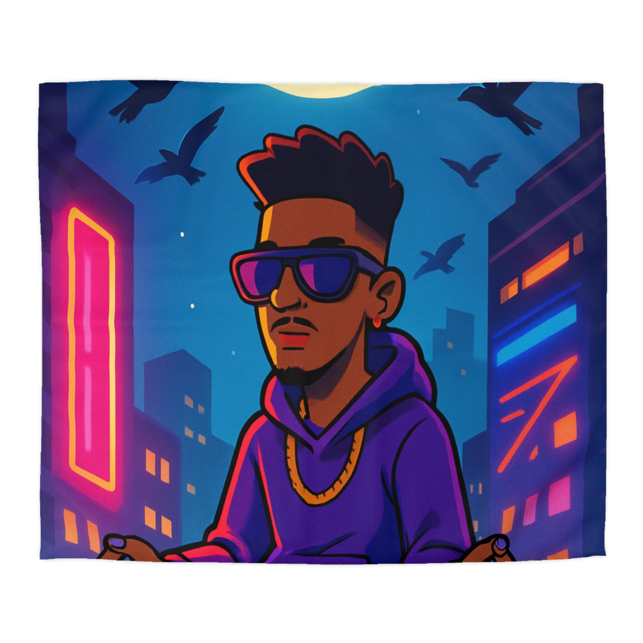 Housse de Couette Représentant Jeune Méditant Sur Toit en Ville, Pleine Lune Derrière