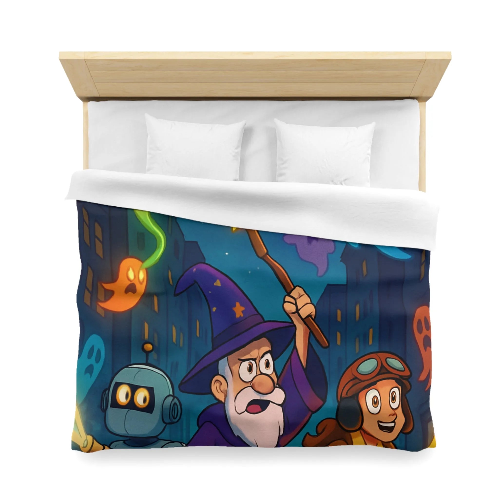 Housse de couette magique avec fantômes colorés, sorcier et robot aventureux en ville nocturne