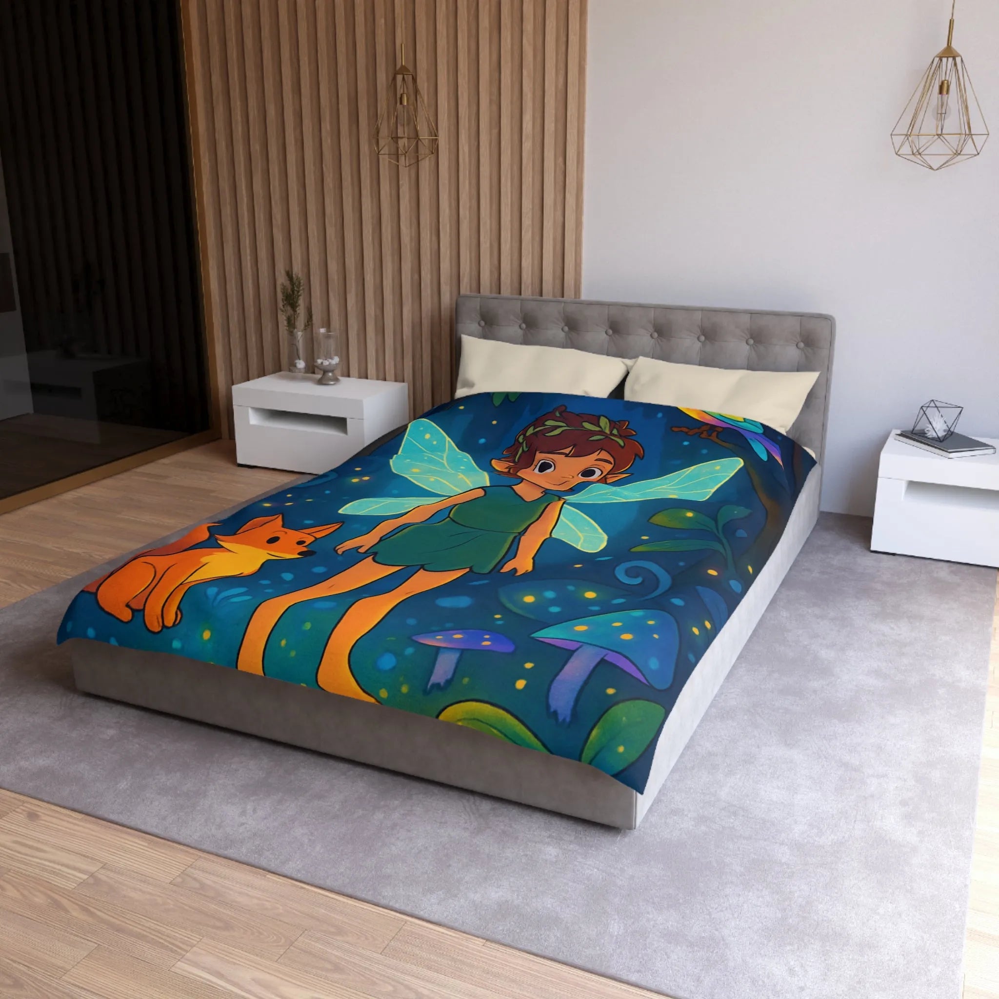 Housse de Couette Féerique avec Fée Ailée et Renard dans Forêt Enchantée Multicolore