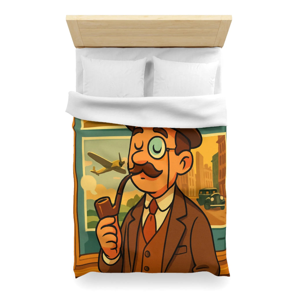 Élégant Gentleman Vintage avec Moustache et Monocle devant Affiches de Voiture et Avion