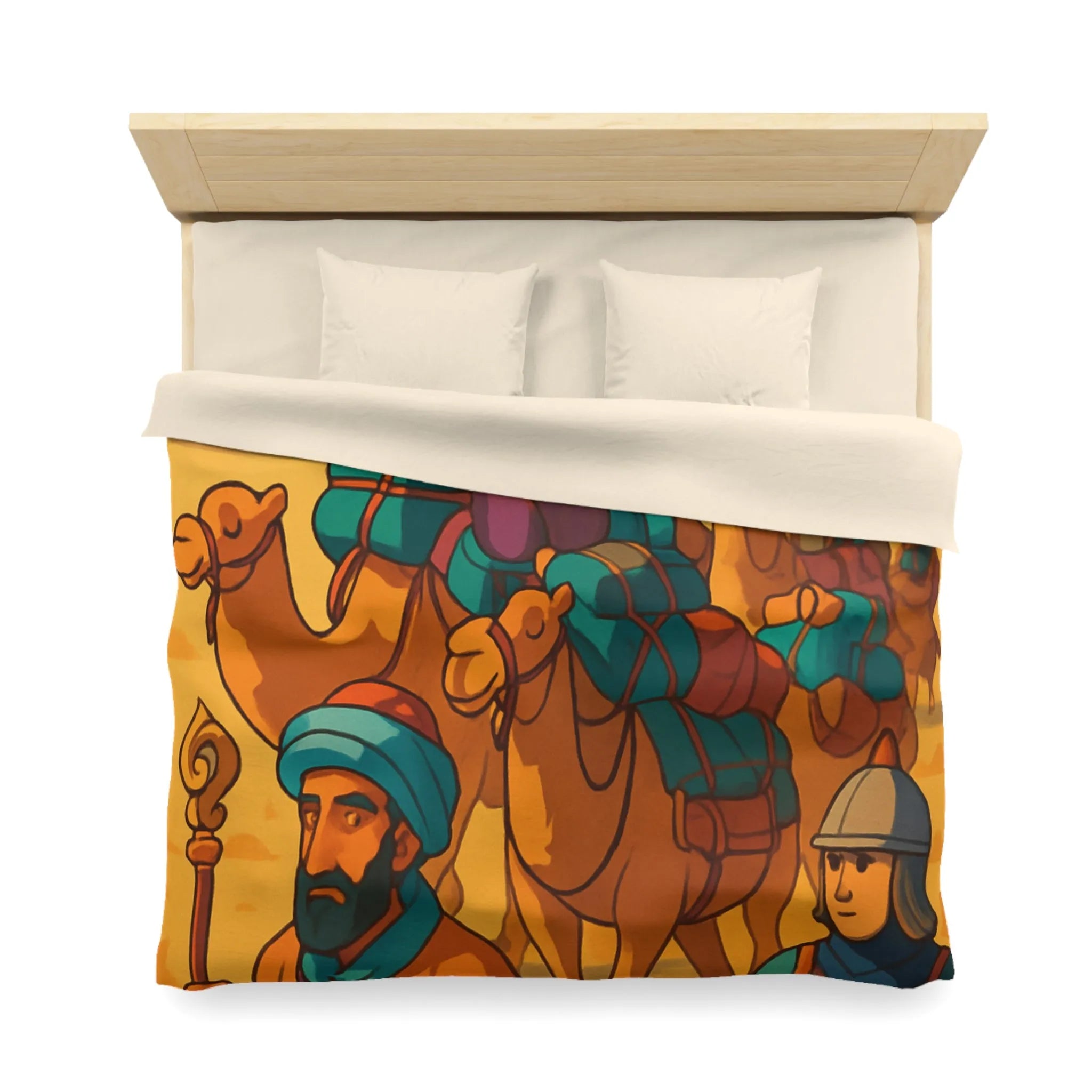 Housse de couette avec caravane de chameaux traversant un désert montagneux en arrière-plan