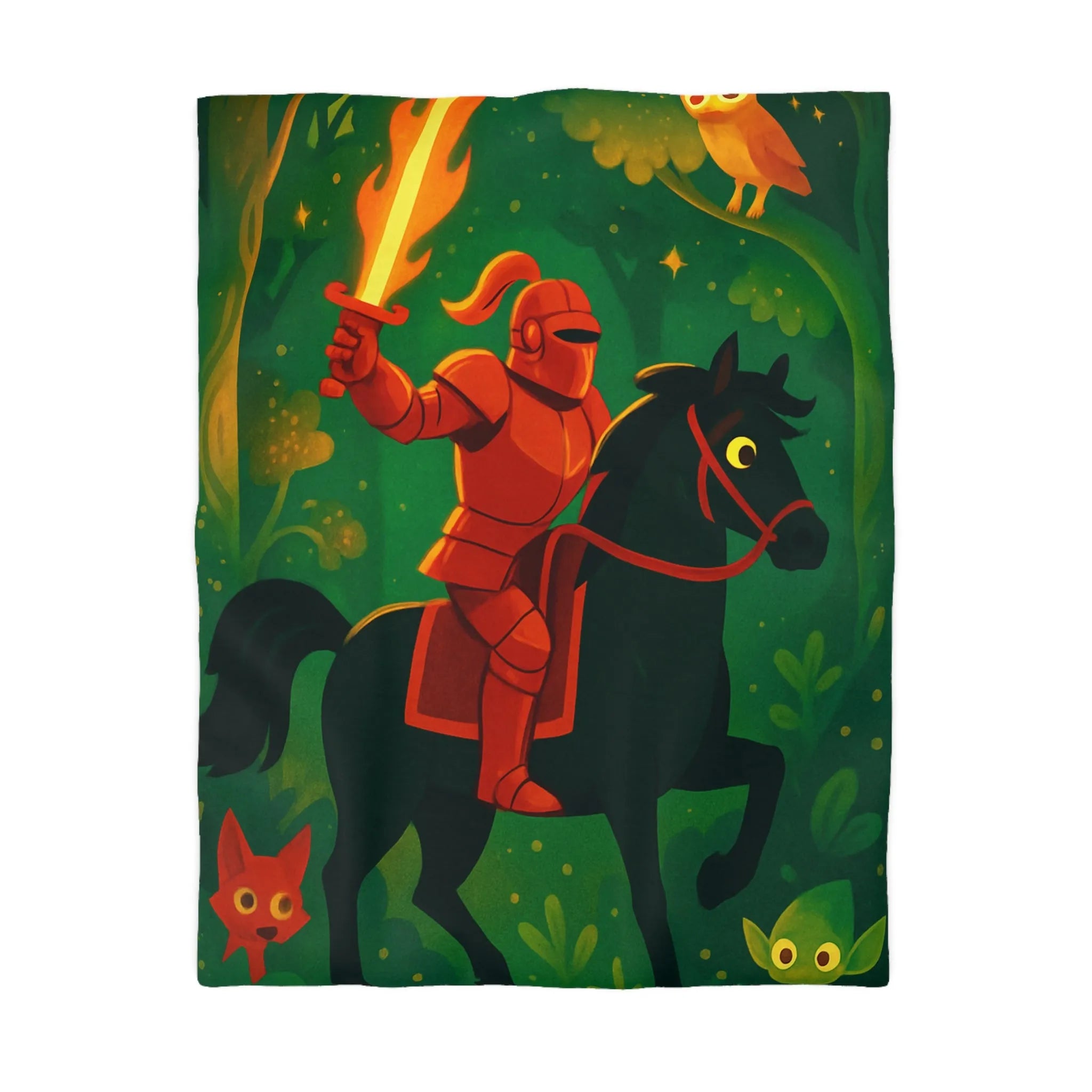Chevalier en Armure Rouge avec Épée Enflammée dans Forêt Enchantée avec Hibou Mystique