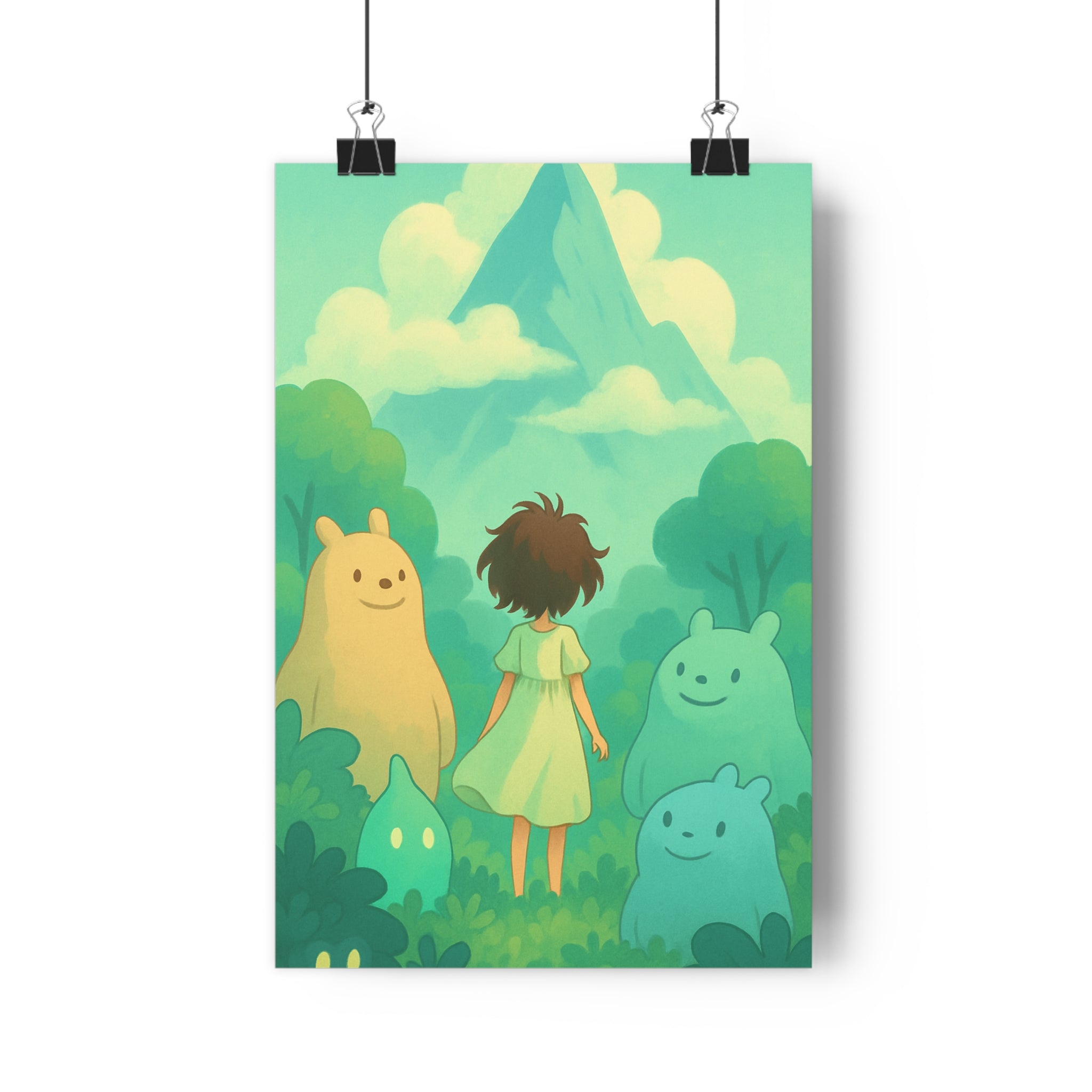 Poster décoratif pastel forêt onirique créatures amicales mystique chambre enfant nature apaisant rêveur mur