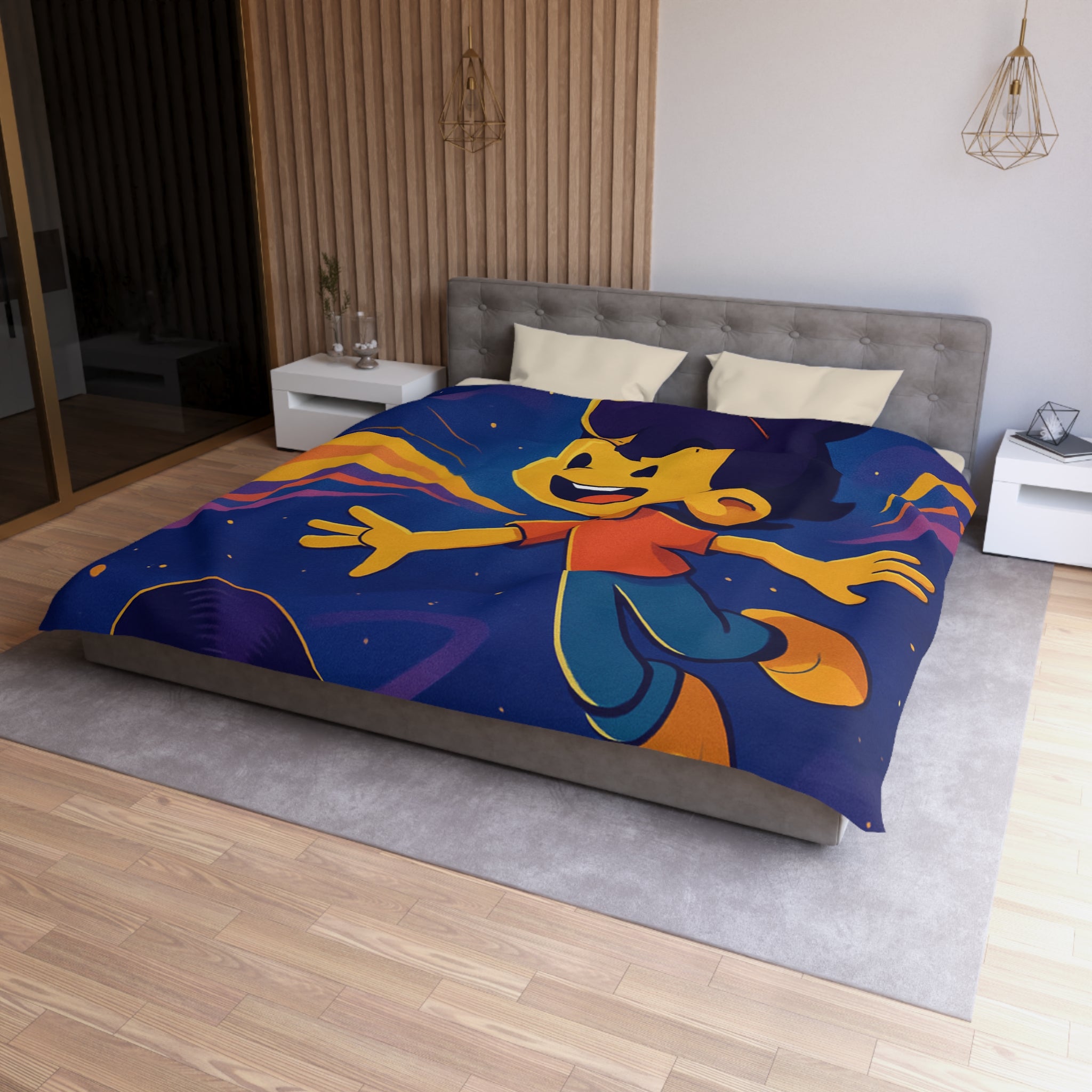 Housse de couette rêve lumineux enfant, aventure musicale, espace éclatant, design contemporain