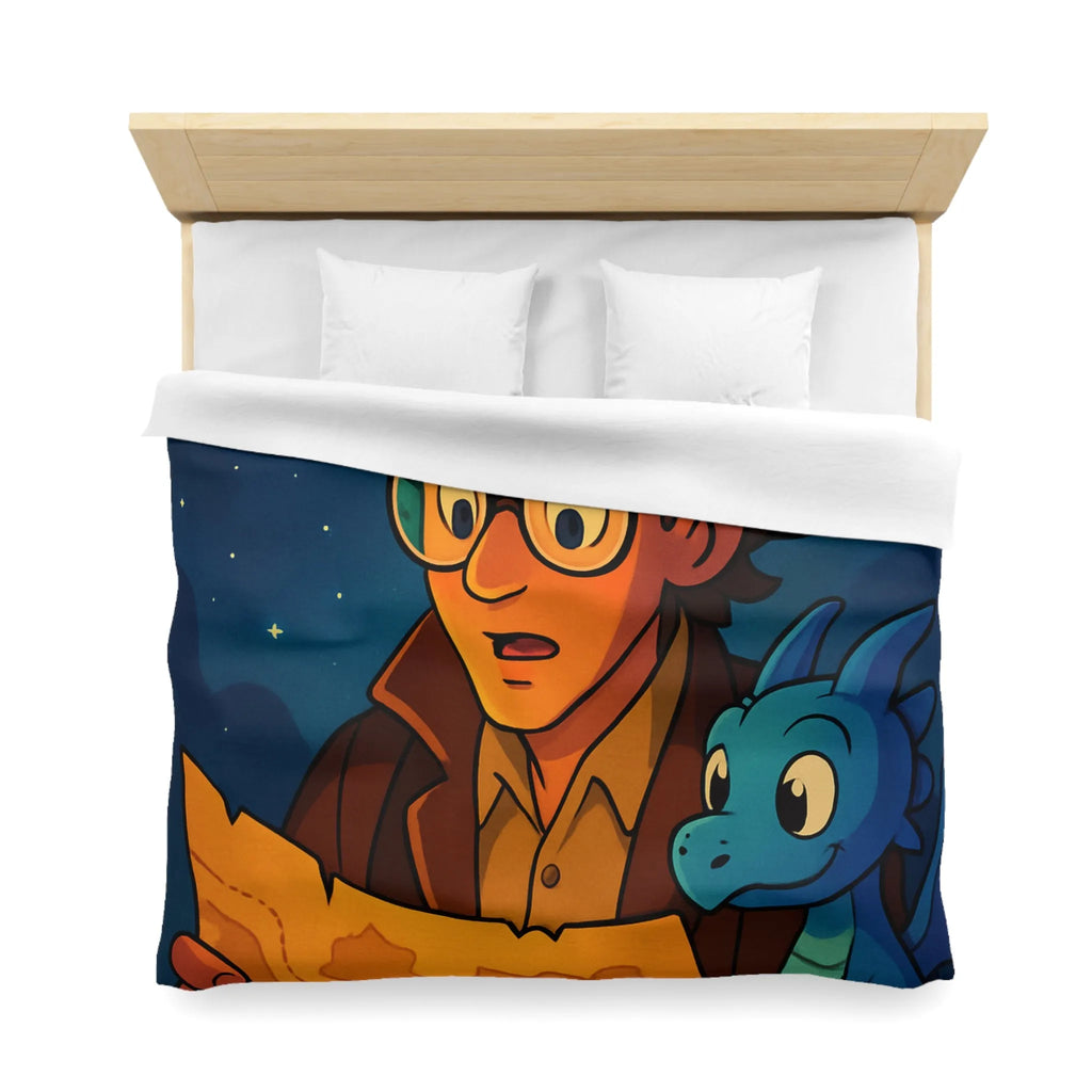 Aventure nocturne avec explorateur et dragon bleu sous planètes mystiques sur fond étoilé