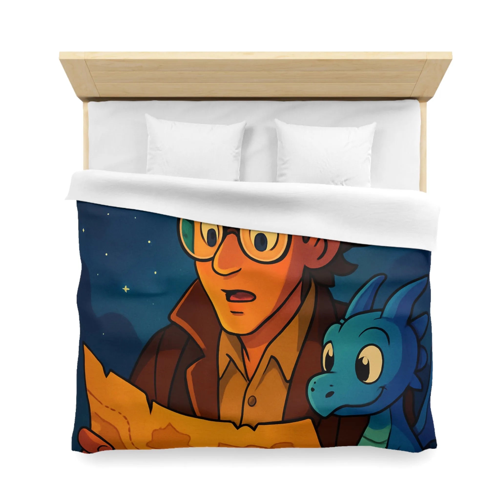 Aventure nocturne avec explorateur et dragon bleu sous planètes mystiques sur fond étoilé