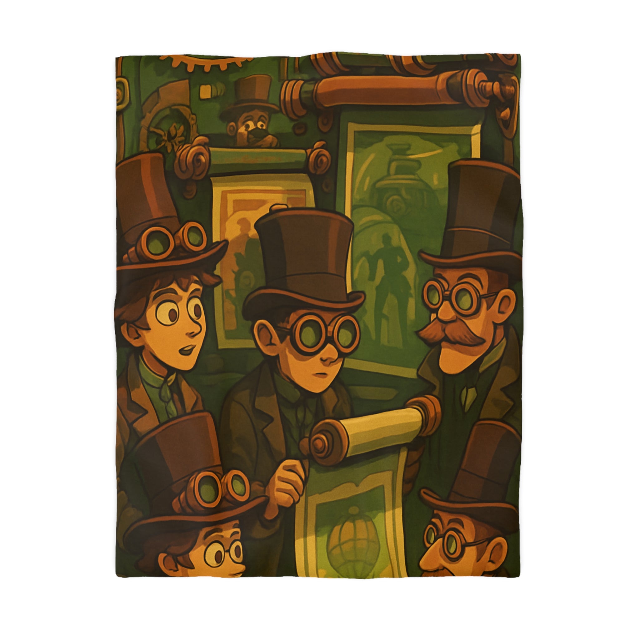 Housse de couette steampunk rétro vintage, illustration de gentlemen en chapeaux et engrenages