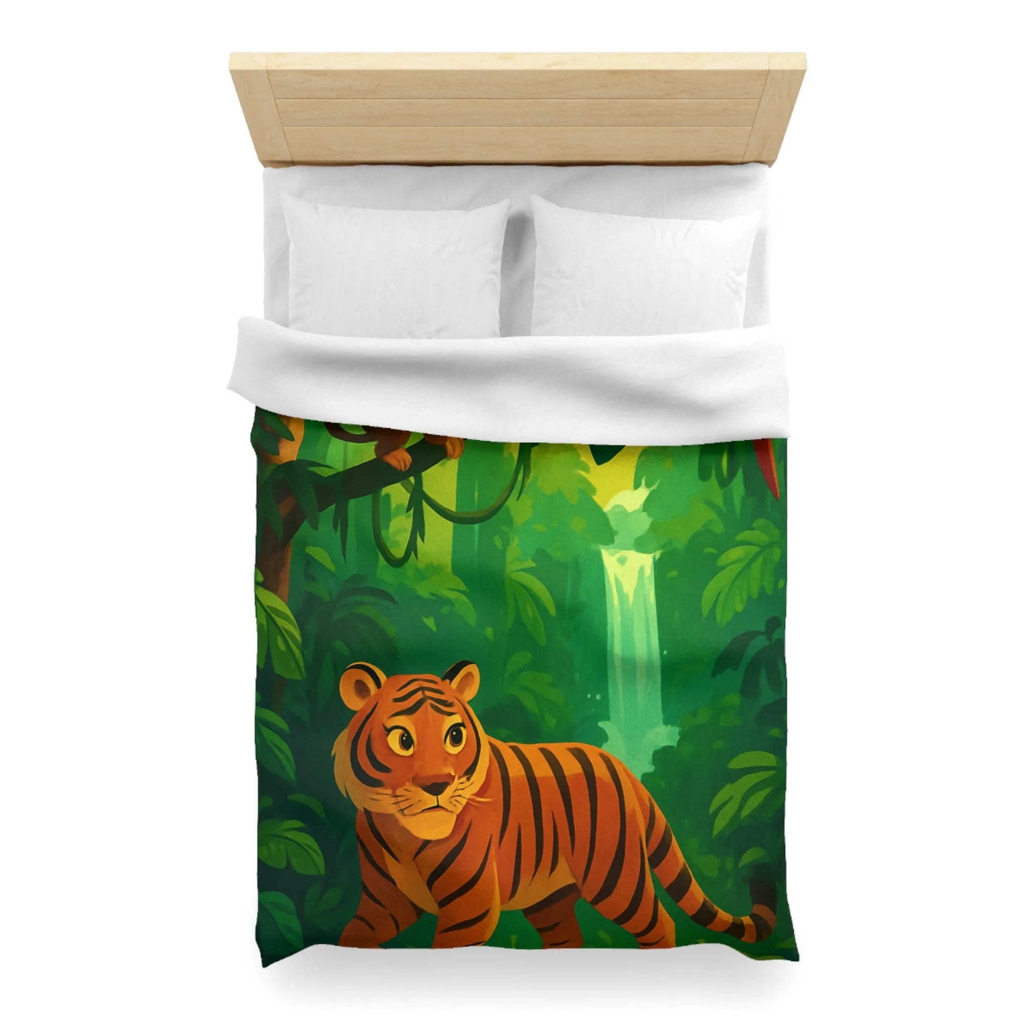 Housse de couette jungle avec tigre, singe et perroquet, cascade en arrière-plan