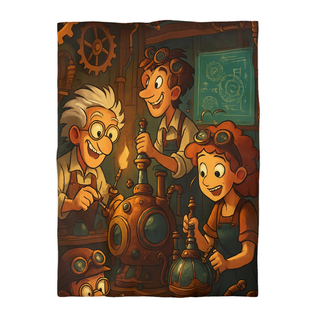 Housse de couette illustrée steampunk avec personnages inventeurs et machines dans atelier