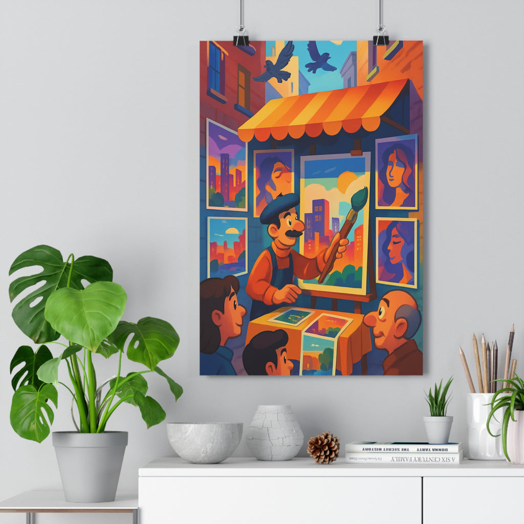 Poster décoratif urbain animé artiste bleu orange violet salon bureau contemporain vibrant design élégant