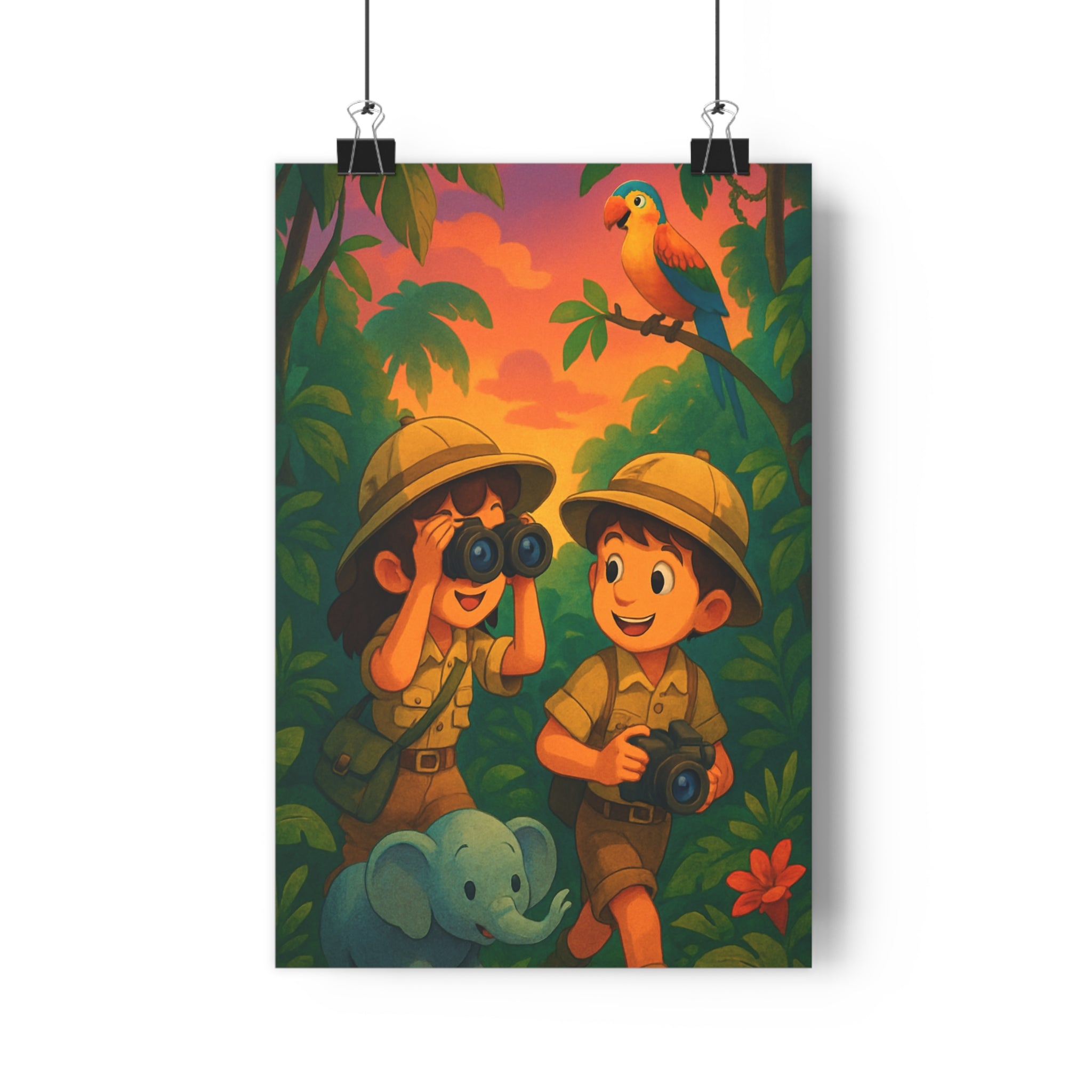 Poster décoratif enfant jungle vert orange moderne aventure joyeux chambre coloré tendance unique exploration