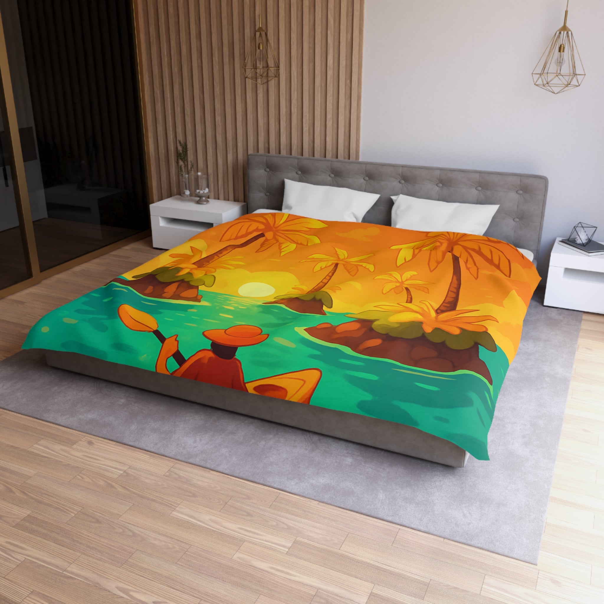 Housse de couette tropicale vibrante avec kayak, palmiers et perroquets au coucher de soleil