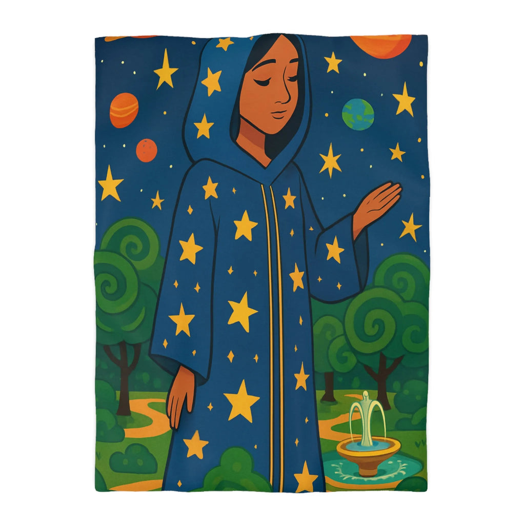 Housse de couette étoilée avec personnage mystique sous ciel galactique et nature luxuriante
