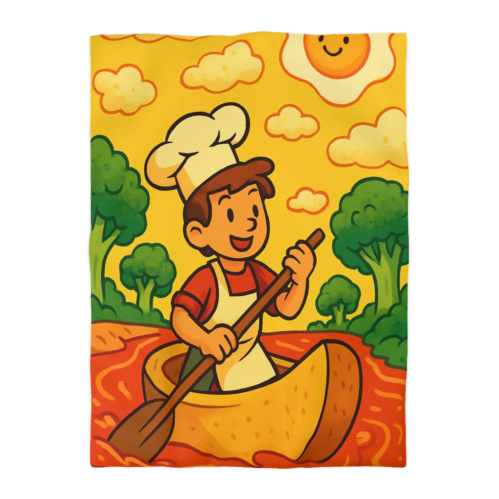 Housse de Couette Chef Enfant Naviguant en Barque sur Rivière Orange Ludique et Colorée