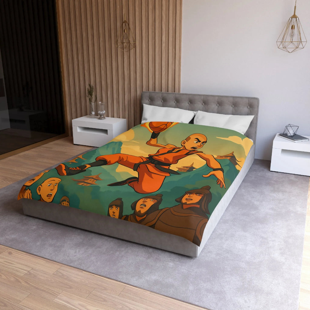 Housse de Couette Art Martial Moine avec Ballon de Basket en Feu Paysage Montagneux