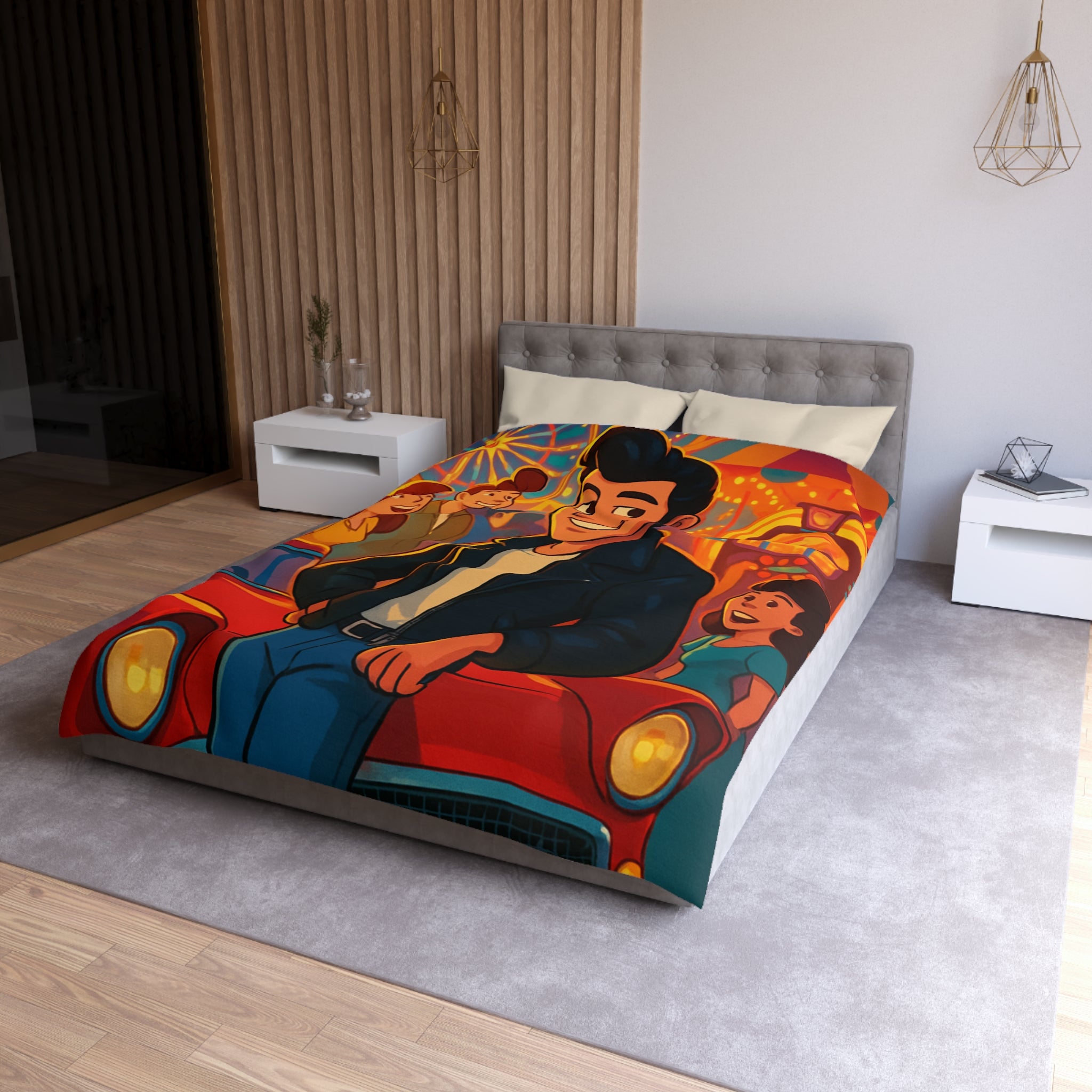 Housse de couette style rétro avec ambiance parc d'attractions colorée et joyeuse