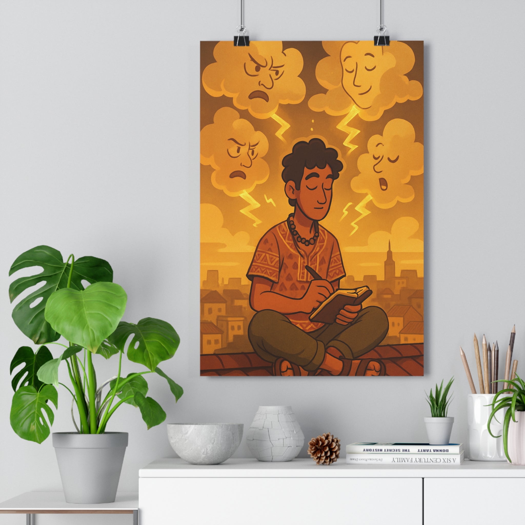 Poster décoratif ethnique illustration orange jaune serein mystique salon chambre relaxation méditation zen art